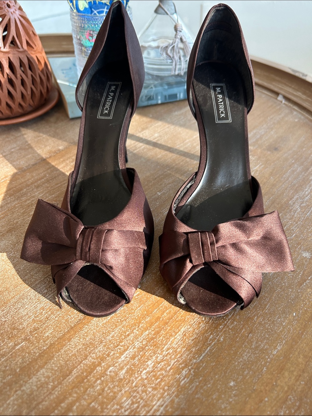 Brown Satin Peep-Toe Bow Heels